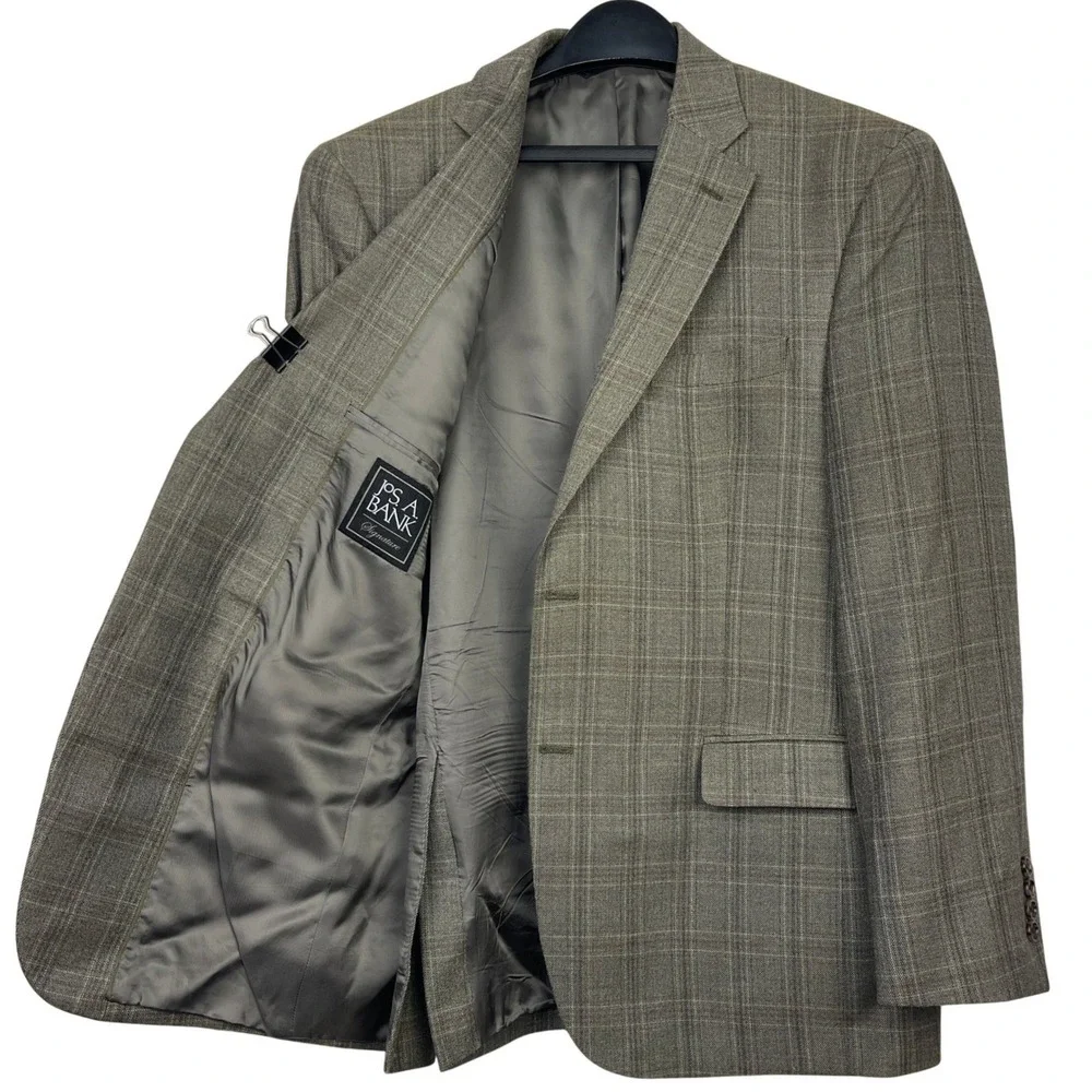 Jos A Bank Signature Tan Plaid SILK + WOOL‎ 42R Blazer Sport Coat Suit Jacket